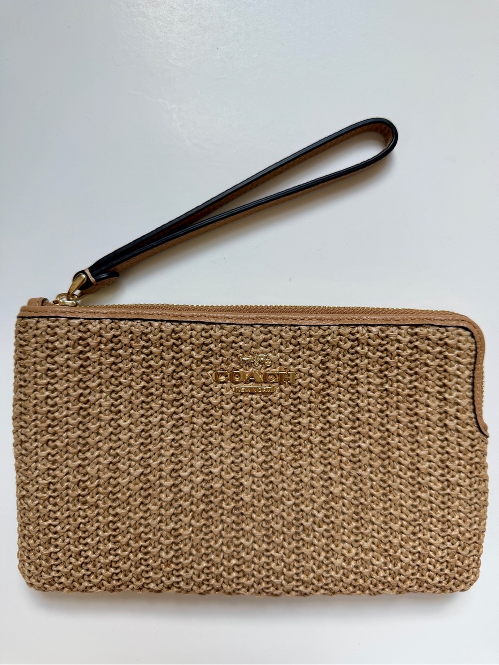 Coach Tan Raffia-Style Woven Large Corner Zip Wristlet Gold Hardware NWOT